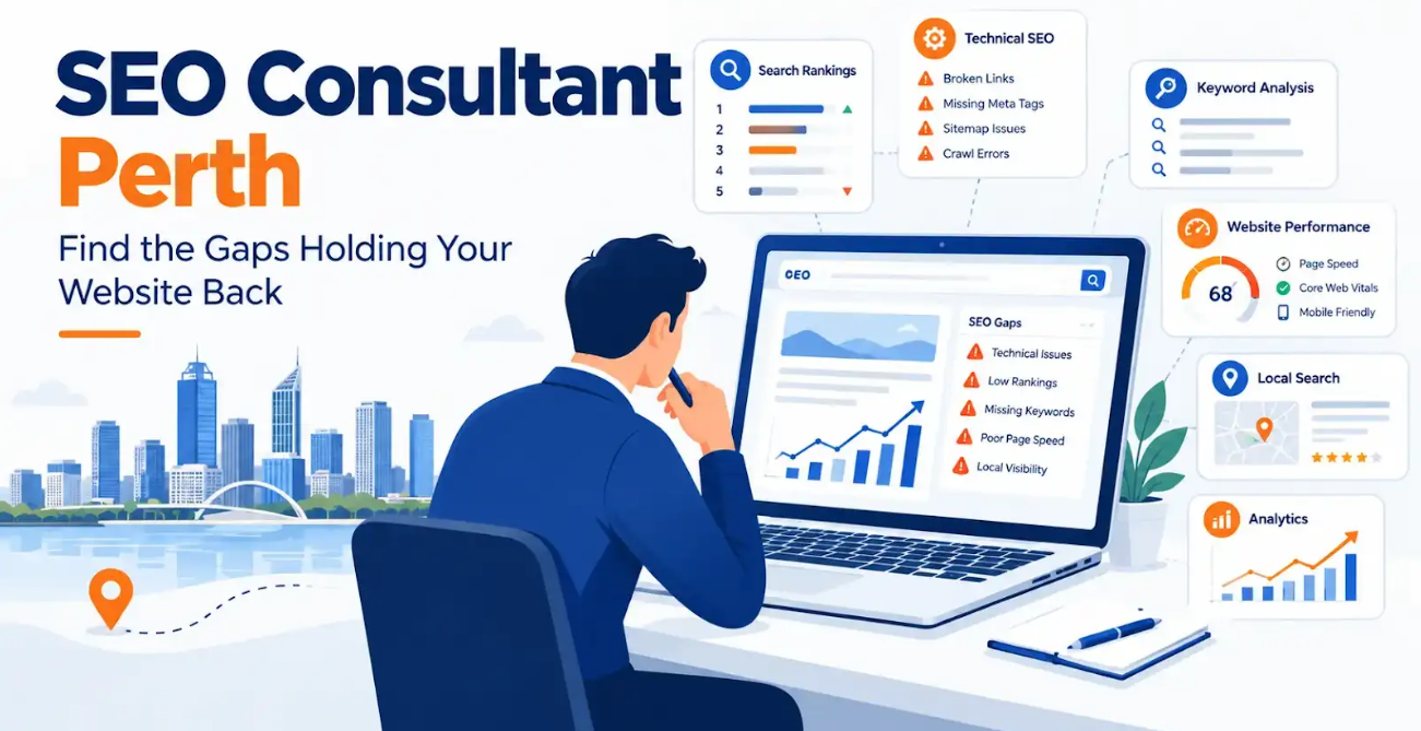 SEO Consultant Perth analyzing website SEO gaps, rankings, keywords, and technical performance.